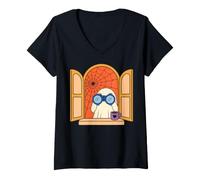 Donna Cute Ghost with Binoculars Watching Halloween Spooky Season Maglietta con Collo a V