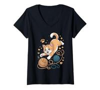 Donna Cute Ginger Cat Playing with Yarn Hearts Maglietta con Collo a V