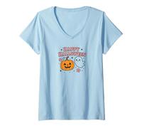 Donna Cute Girly Halloween| Zucca Pastello e Fantasma Design Maglietta con Collo a V