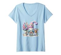 Donna Cute GNOME for Girls Lilac Lavender Decor Hello Spring Maglietta con Collo a V