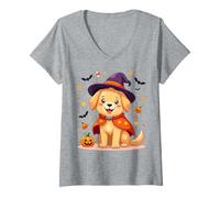 Donna Cute Halloween Witch Dog Pumpkin Bats Maglietta con Collo a V