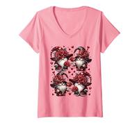 Donna Cute Heart Pattern Gothic Flowers GNOME Pink Valentines Maglietta con Collo a V