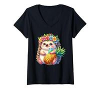 Donna Cute Hedgehog Ananas Tropical Summer Vibes Maglietta con Collo a V