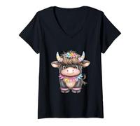 Donna Cute Highland Cow with Rainbow Horns Kawaii Baby Cow Flower Maglietta con Collo a V