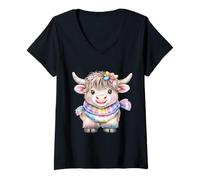 Donna Cute Highland Cow with Rainbow Scarf - Kawaii Baby Cow Maglietta con Collo a V