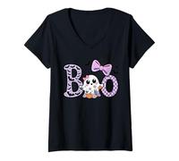 Donna Cute Kawaii Boo Ghost Pumpkins Bats Halloween Maglietta con Collo a V