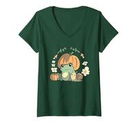Donna Cute Kawaii Fall Cottagecore Aesthetic Frog with Pumpkin Maglietta con Collo a V