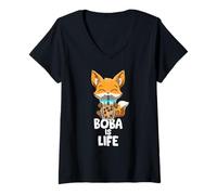 Donna Cute Kawaii Fox Boba Is Life Amante del Bubble Tea Maglietta con Collo a V