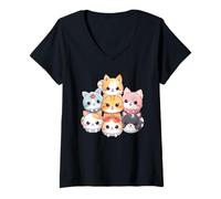 Donna Cute Kawaii Kittens Pile Chibi Anime Multiple Cat Lover Maglietta con Collo a V