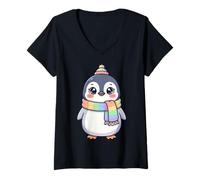 Donna Cute Kawaii Penguin Rainbow Beanie Scarf Winter Maglietta con Collo a V
