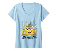 Donna Cute Kids New York City Taxi Giallo Iconica Statua della libertà Maglietta con Collo a V