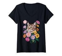 Donna Cute Kitten Cat Flower Floral Garden Maglietta con Collo a V