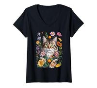 Donna Cute Kitten Cat Flower Floral Garden Maglietta con Collo a V