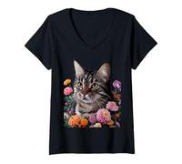 Donna Cute Kitten Cat Flower Floral Garden Maglietta con Collo a V