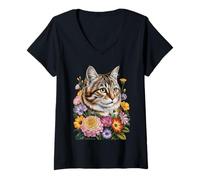 Donna Cute Kitten Cat Flower Floral Garden Maglietta con Collo a V