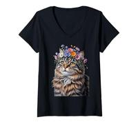 Donna Cute Kitten Cat Flower Floral Garden Maglietta con Collo a V
