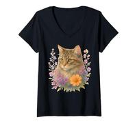 Donna Cute Kitten Cat Flower Floral Garden Maglietta con Collo a V