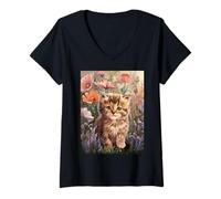 Donna Cute Kitten Cat Flower Floral Garden Maglietta con Collo a V