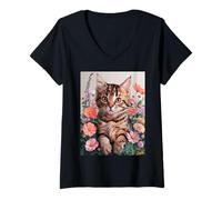 Donna Cute Kitten Cat Flower Floral Garden Maglietta con Collo a V