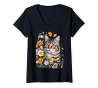 Donna Cute Kitten Cat Flower Floral Garden Maglietta con Collo a V
