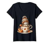 Donna Cute Kitten in Fall Hot Tea Cup Autumn Vibes for Cat Mom Maglietta con Collo a V
