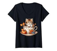 Donna Cute Kitten Kawaii Cats Fall Coffee Mug Autumn Thanksgiving Maglietta con Collo a V