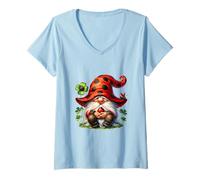 Donna Cute Ladybug GNOME for Lucky Moms with Cloverleaf Shamrock Maglietta con Collo a V