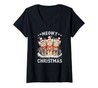Donna Cute Meowy Christmas Adorable Kittens Pajama GAT Lovers Maglietta con Collo a V