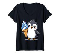 Donna Cute Penguin Holding Ice Cream Cone Cartoon Maglietta con Collo a V