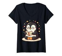 Donna Cute Penguin Reading Book Lover Art Maglietta con Collo a V