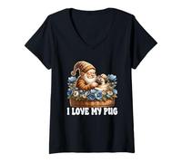 Donna Cute Pug Dad Gnome In A Floral Flower Basket I Love My Pug Maglietta con Collo a V