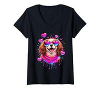 Donna Cute Puppy Love Vibrant Dog Art Maglietta con Collo a V