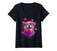 Donna Cute Puppy Love Vibrant Dog Art Maglietta con Collo a V