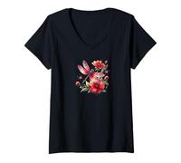 Donna Cute Red Dragonfly Flower Design Botanical Floral Dragonfly Maglietta con Collo a V