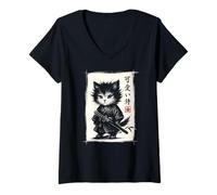 Donna Cute Samurai Cat Japanese Art Funny Kawaii Cat Maglietta con Collo a V