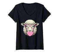 Donna Cute Sheep Che soffia Rosa Valentine Cuore Bubble Gum Maglietta con Collo a V
