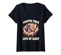 Donna Cute Sleeping Cat for Christmas Lover Cozy Winter Kitten Mom Maglietta con Collo a V