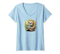 Donna Cute Sloth Morning Coffee Tree Branch Lazy Relax Maglietta con Collo a V