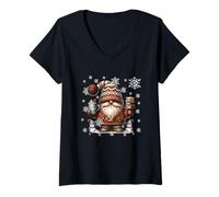 Donna Cute Snowflake Patterns for Christmas Pumpkin Spice GNOME Maglietta con Collo a V