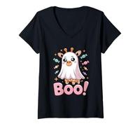 Donna Cute Spooky Funny Halloween Giraffe Ghost Boo Maglietta con Collo a V