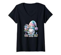 Donna Cute Spring GNOME for Women with Hello Spring Tulip Flowers Maglietta con Collo a V