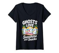 Donna Cute Summerween Ghost Funny Beach Halloween Maglietta con Collo a V