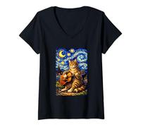 Donna Cute Tabby Cat Playing Guitar Whimsical Art Music Camping Maglietta con Collo a V