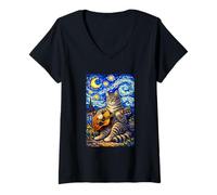 Donna Cute Tabby Cat Playing Guitar Whimsical Art Music Camping Maglietta con Collo a V