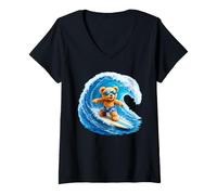 Donna Cute Teddy Bear Cavalcando Le Onde Tavola Surf Forme Mania Maglietta con Collo a V