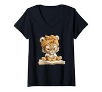 Donna Cute Tiger Cub Libro di Lettura con Maglietta con Collo a V