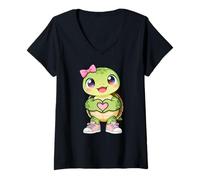 Donna Cute Turtle Coquette Bow Retro Turtle Kids Girls Maglietta con Collo a V
