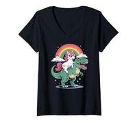 Donna Cute Unicorn Riding T Rex Dinosaur Rainbow Clouds Maglietta con Collo a V