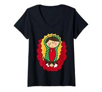 Donna Cute Virgin Mary Cartoon Guadalupe Devotion in Kawaii Form Maglietta con Collo a V