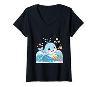 Donna Cute Whale Splash Party - Illustrazione per bambini Maglietta con Collo a V